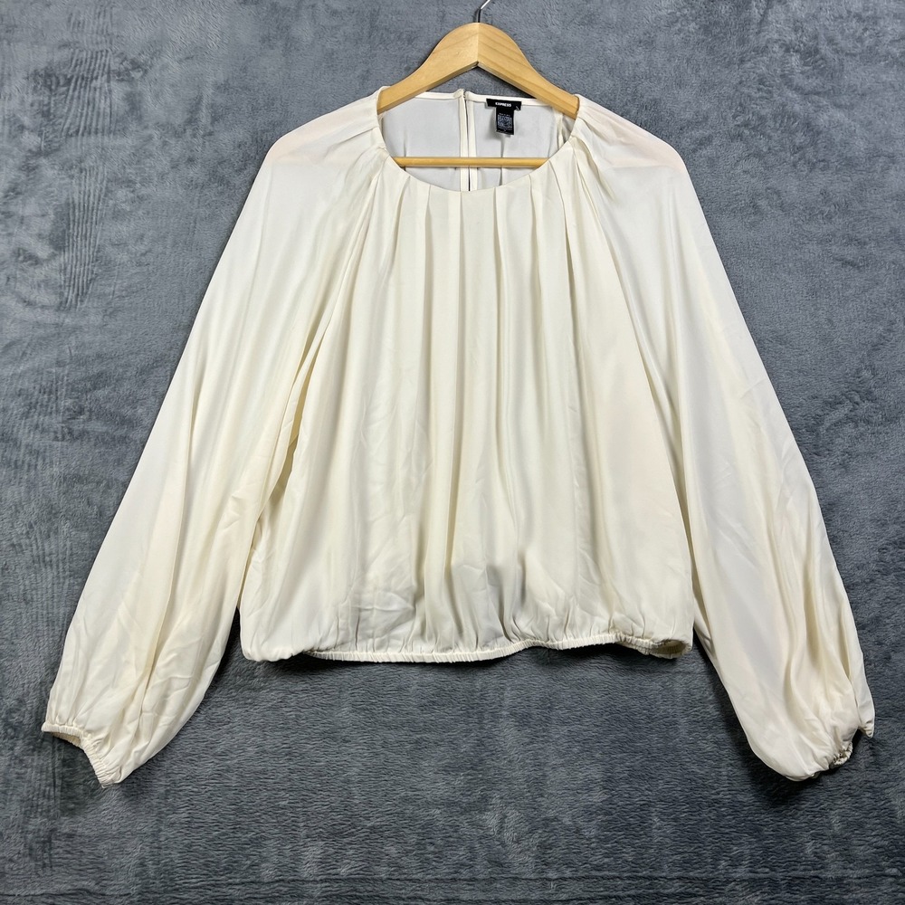 Express Oversized Blouse Womens XL Beige Gathered Round Neck Balloon Sleeve